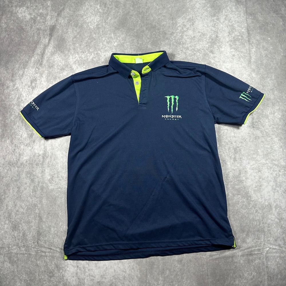 Monster Energy Iron Maiden Polo Shirt Medium Navy Neon Green Eddie Mascot Back